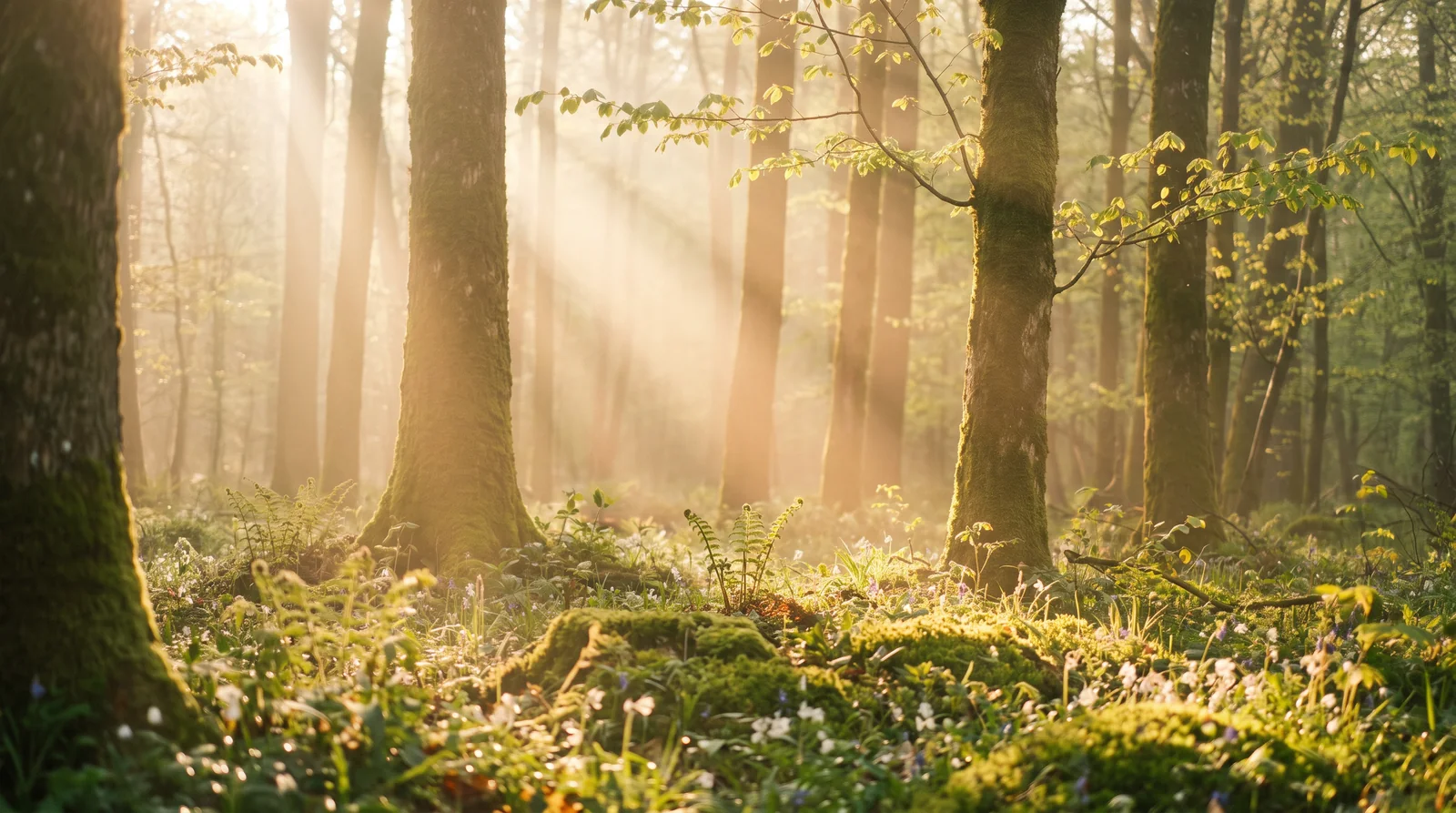 Forêt dans la brume traversée par des rais de lumière