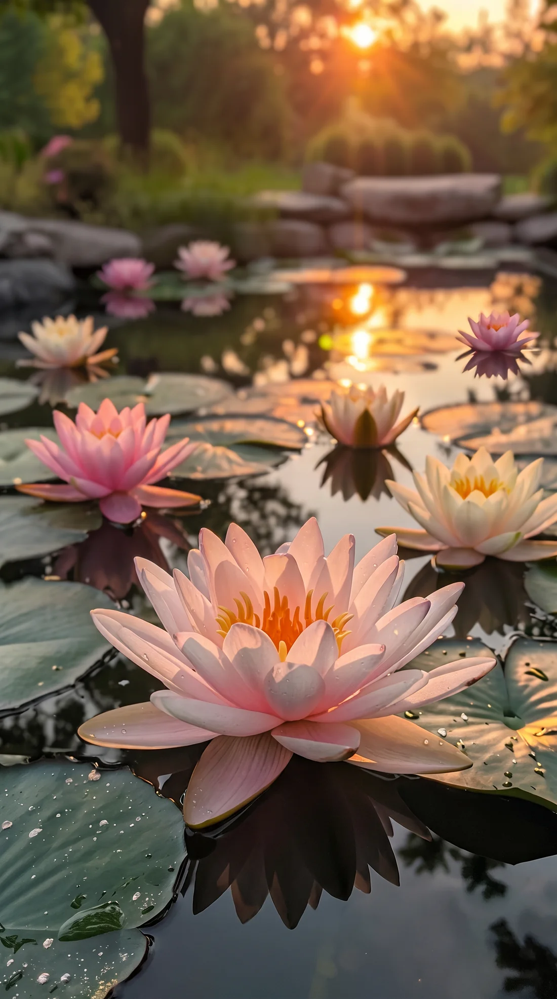 Étang au coucher du soleil, couvert de nénuphars en fleur