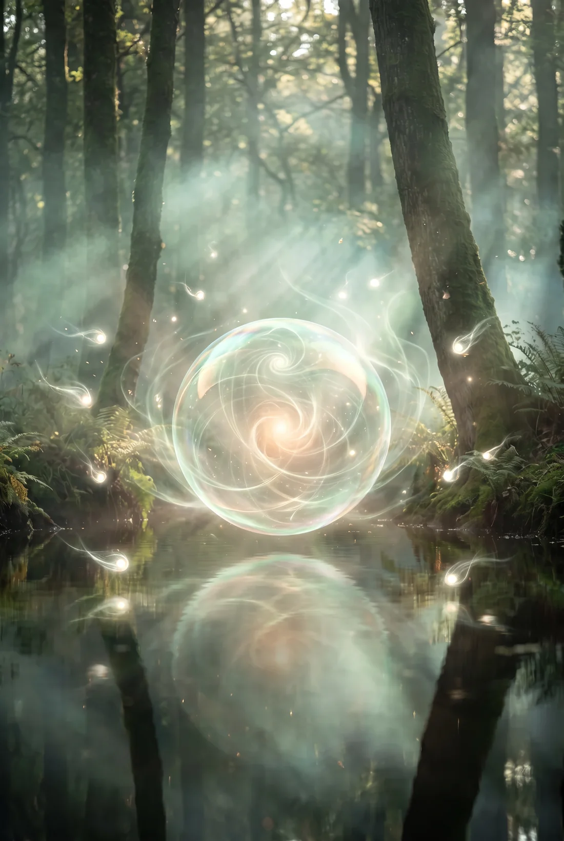 Sphère de lumière rayonnante au-dessus d’une eau calme, dans une forêt embrumée